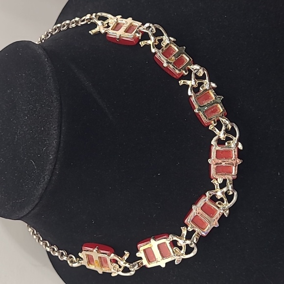 Red thermoset lucite moonglow square necklace. - Picture 3 of 5